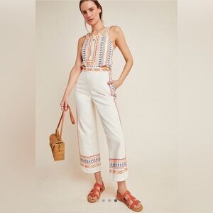 Anthro Islander Embroidered Linen Crop Pants Boho Resort US 4